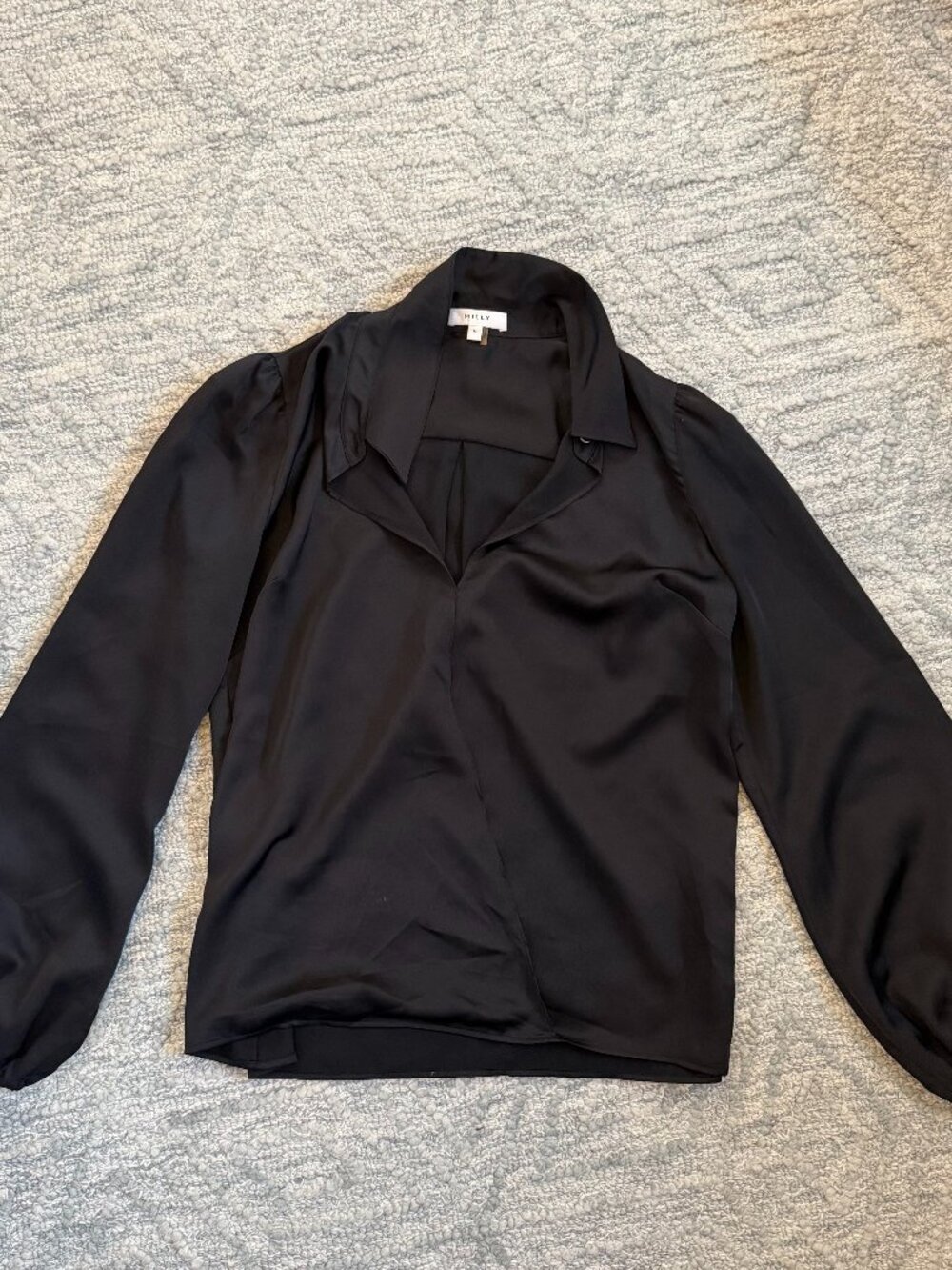 Milly Black Satin Draped V-Neck Puff Sleeve Blouse Size M